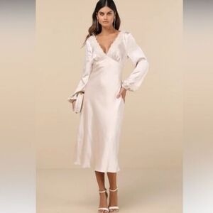 Lulus Illustrious Elegance Champagne Satin Long Sleeve Midi Dress Large